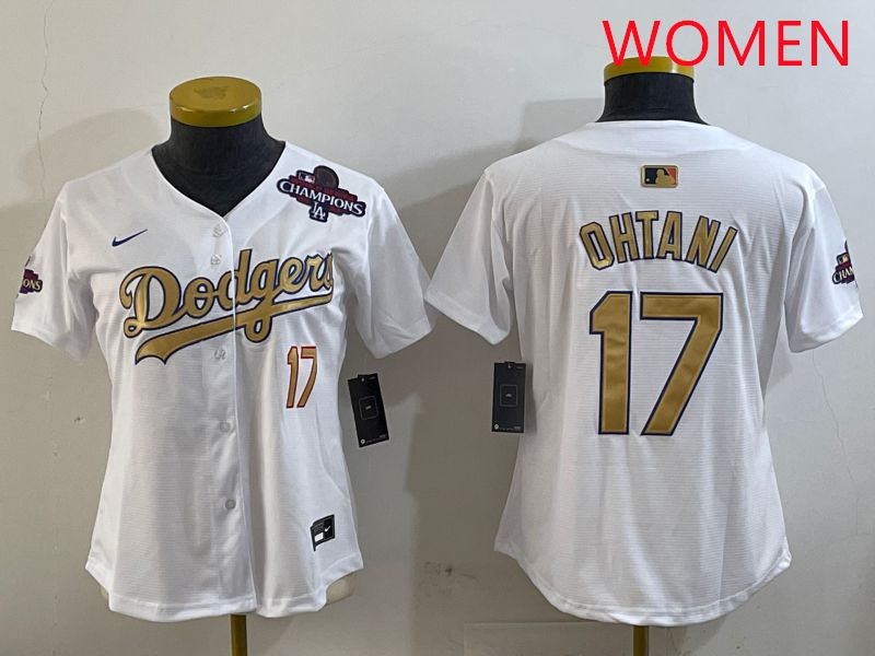 Women Los Angeles Dodgers #17 Ohtani White Champion gold character 2025 Nike MLB Jersey style 4